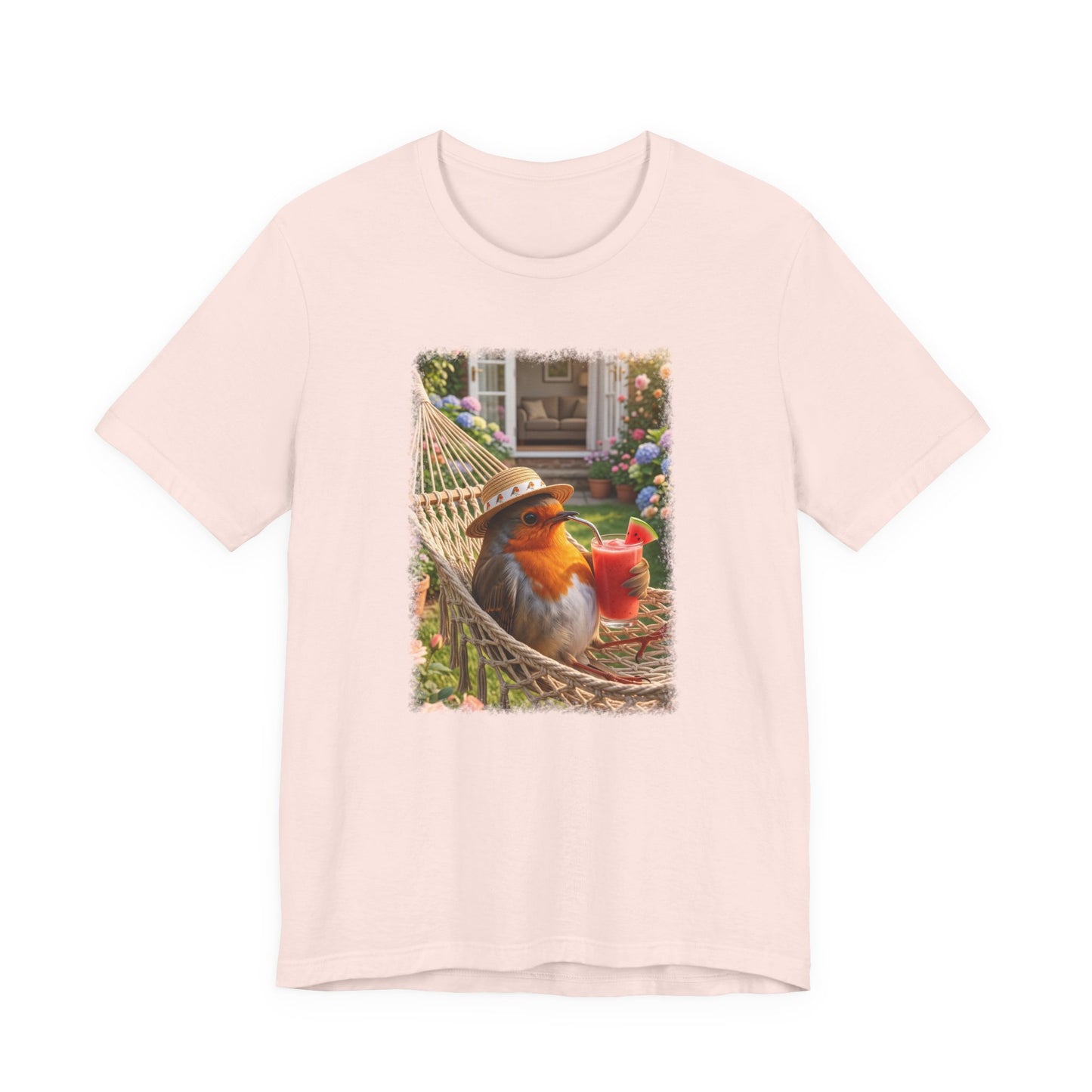 T-Shirt mit Rosi Rotkehlchen Motiv in der Hängematte für Vogelfreunde