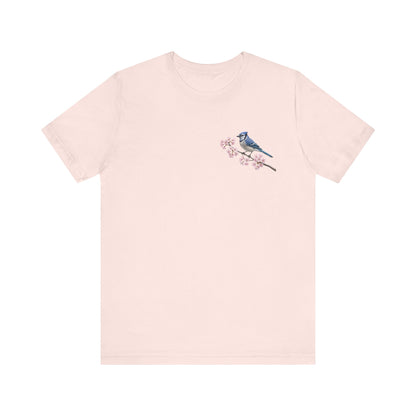 Blauhäher T-Shirt mit Kirschblüten | Florales Vogelmotiv für Vogelfreunde