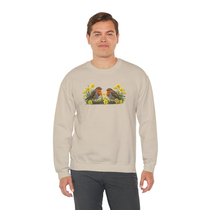 Rotkehlchen Oster-Sweatshirt Frühlingswiese – Singvögel in Osterglocken | Unisex Pullover