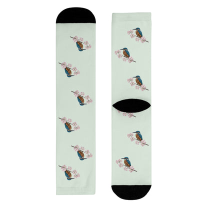 Eisvogel Socken – & Kirschblüten in Salbeigrün | Weiche Baumwollmix-Socken für Naturfreunde