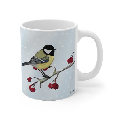 Kohlmeise auf einem Ast im Winter Weihnachten Schnee Vogel Tasse