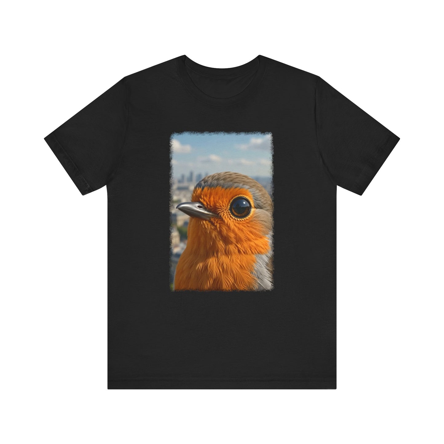 A dark black short-sleeve t-shirt with a rectangular graphic print of a close-up robin bird on the front, displayed against a solid white background.