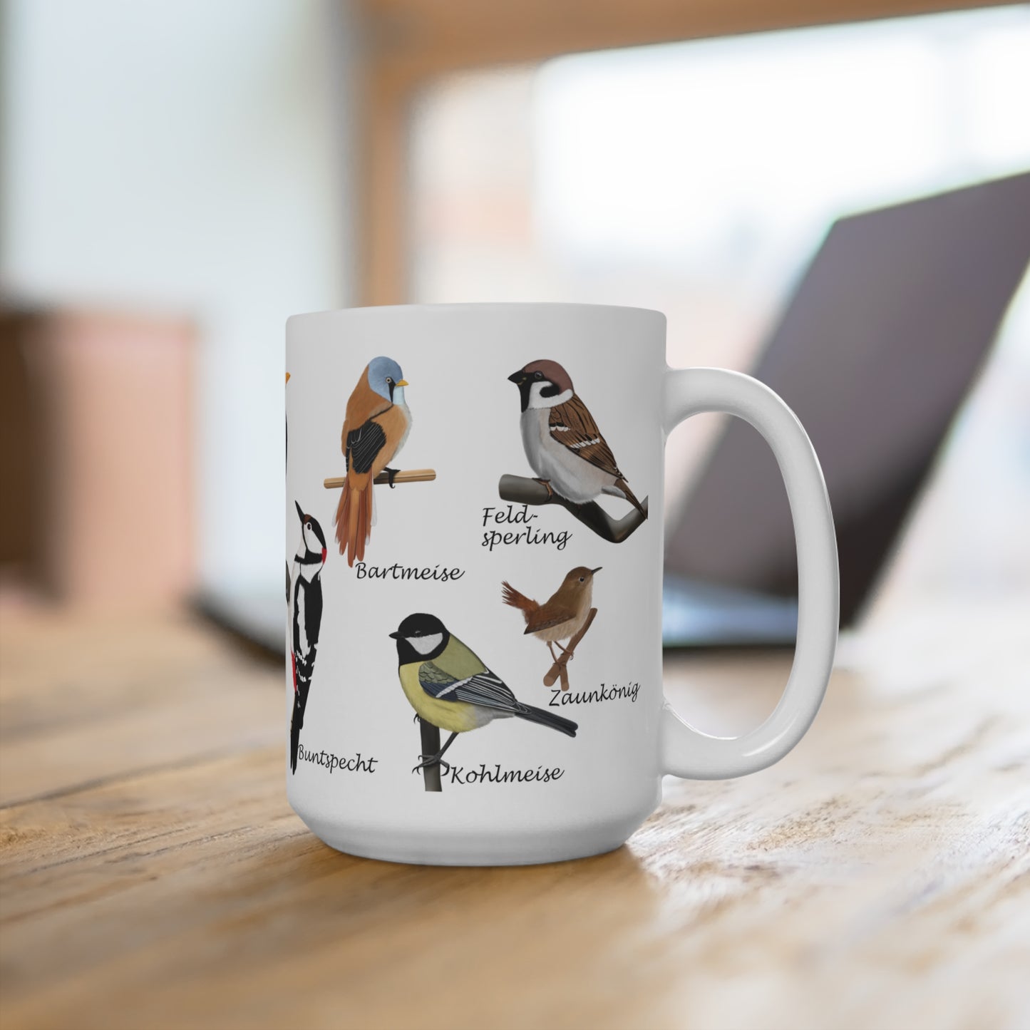 Gartenvögel Amsel Rotkehlchen Blaumeise Zaunkönig Gimpel Vogel Tasse