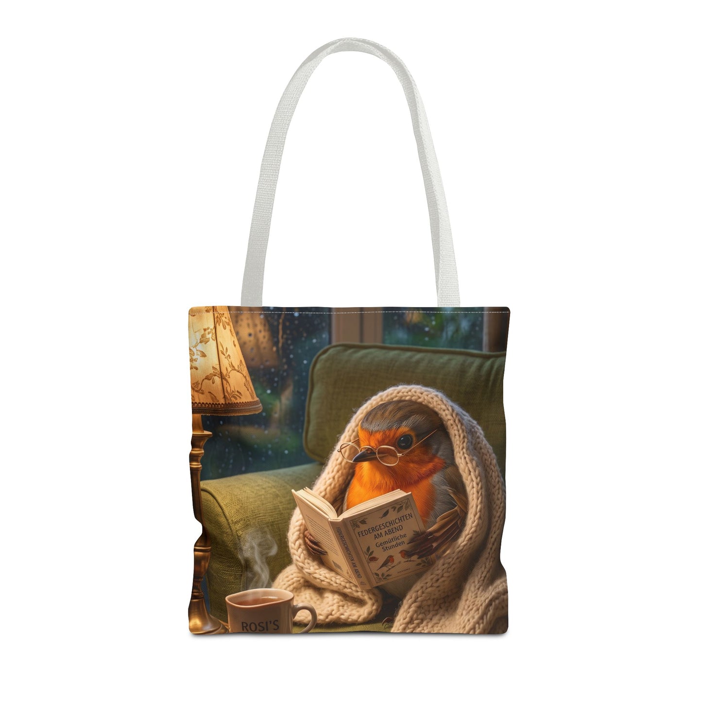 Rosi Rotkehlchen liest ein Buch Stofftasche | Beidseitig bedruckte Tragetasche