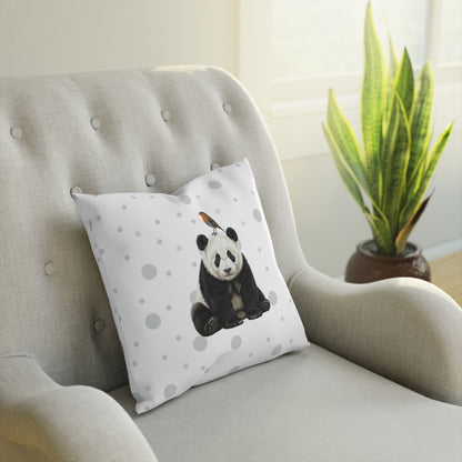 Rotkehlchen mit Panda Vogel Tiermotiv Kissen – Dekokissen mit Vogelmotiv Weiß mit grauen Punkten
