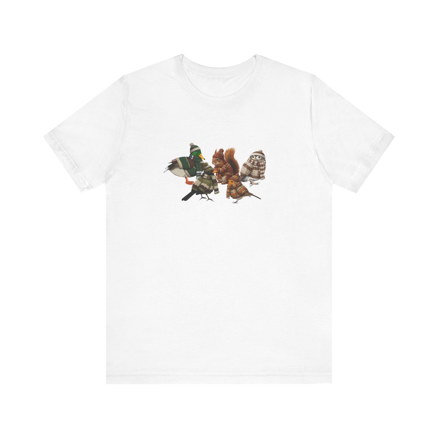 Lustiges Vogelmotiv Winter T-Shirt: Die kuschelige Garten-Gang mit Mütze & Pullover
