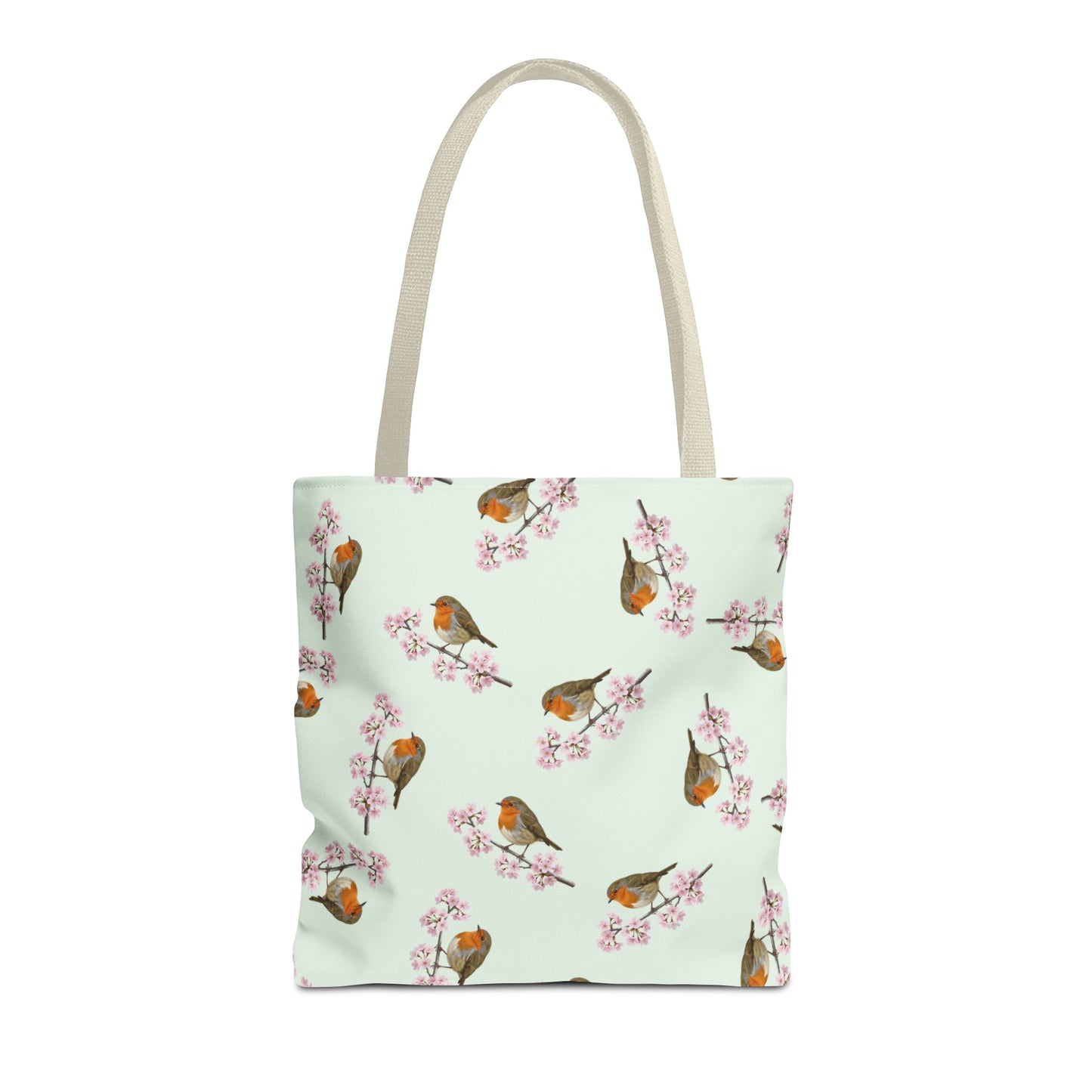 Rotkehlchen & Kirschblüten Tragetasche in Salbeigrün | Stofftasche & Geschenk für Vogelbeobachter
