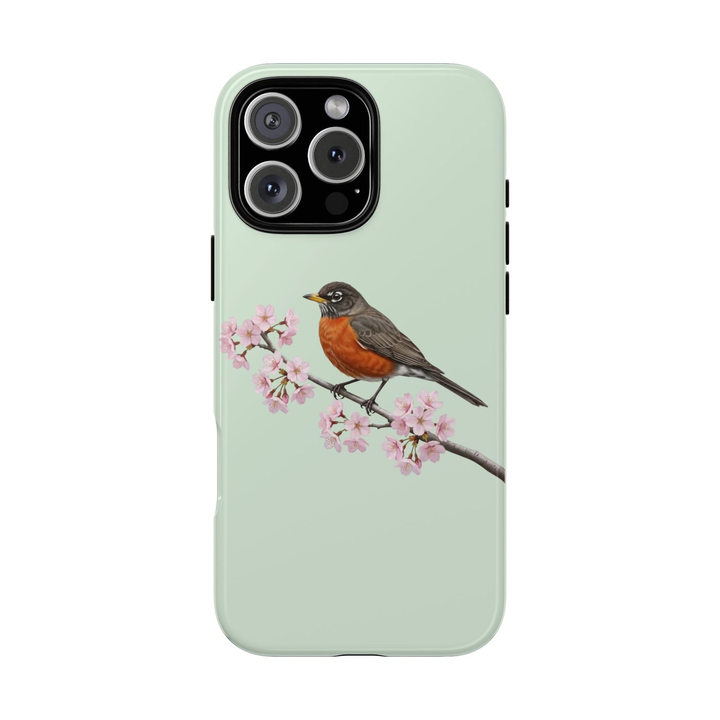 Wanderdrossel Handyhülle in Salbeigrün | Florales Kirschblüten Vogel-Motiv für iPhone & Google Pixel