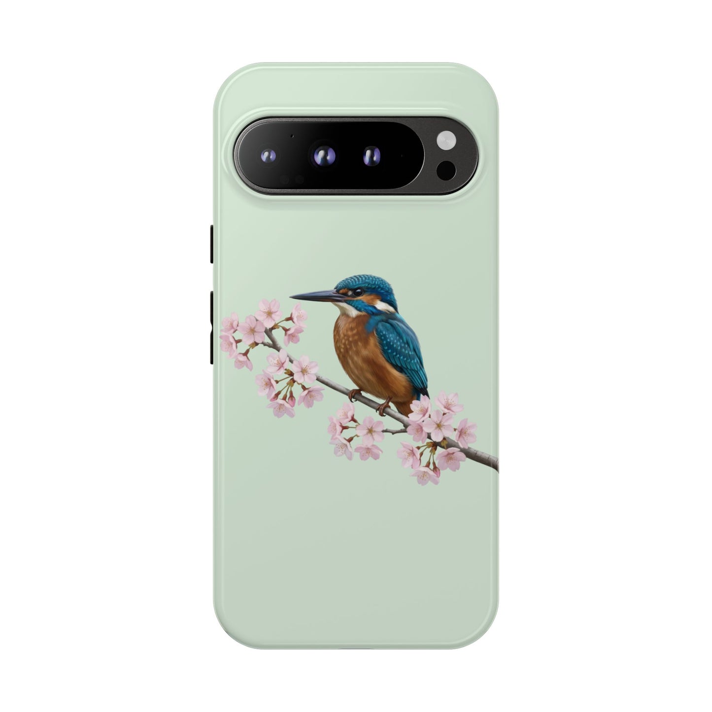 Eisvogel Handyhülle in Salbeigrün | Florales Kirschblüten Vogel-Motiv für iPhone & Google Pixel