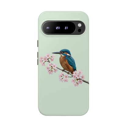 Eisvogel Handyhülle in Salbeigrün | Florales Kirschblüten Vogel-Motiv für iPhone & Google Pixel