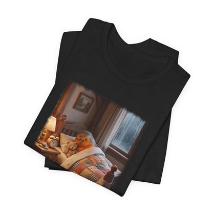 Süßes Rotkehlchen T-Shirt im Bett mit Teddy | Kuscheliges Vogel-Motiv für Langschläfer
