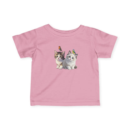 Pink t-shirt with two kittens and birds design on a white background