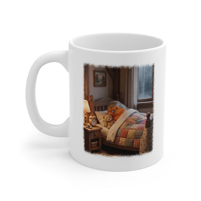 Süße Rotkehlchen Kaffeetasse im Bett mit Teddy | Kuschelige Keramiktasse für Morgenmuffel & Langschläfer