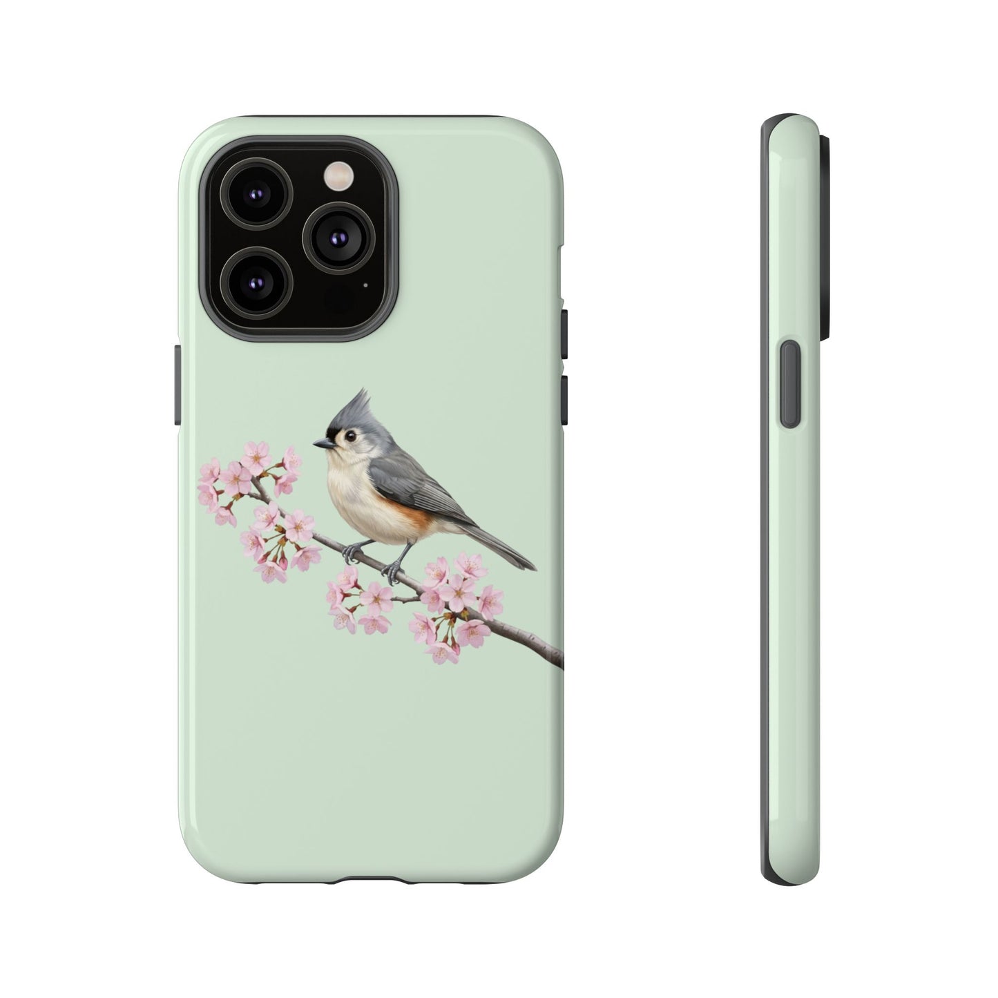 Grauhäubchenmeise Handyhülle in Salbeigrün | Florales Kirschblüten Vogel-Motiv für iPhone & Google Pixel