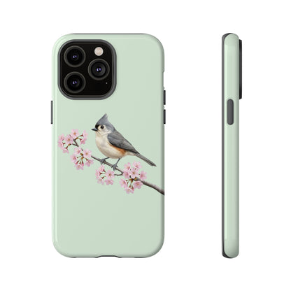 Grauhäubchenmeise Handyhülle in Salbeigrün | Florales Kirschblüten Vogel-Motiv für iPhone & Google Pixel