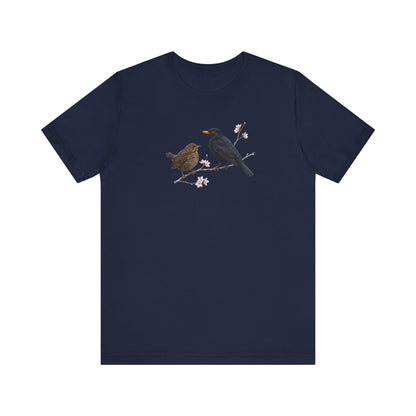 Amsel & Jungvogel T-Shirt | Frühlingsblüten Vogelmotiv für Vogelbeobachter