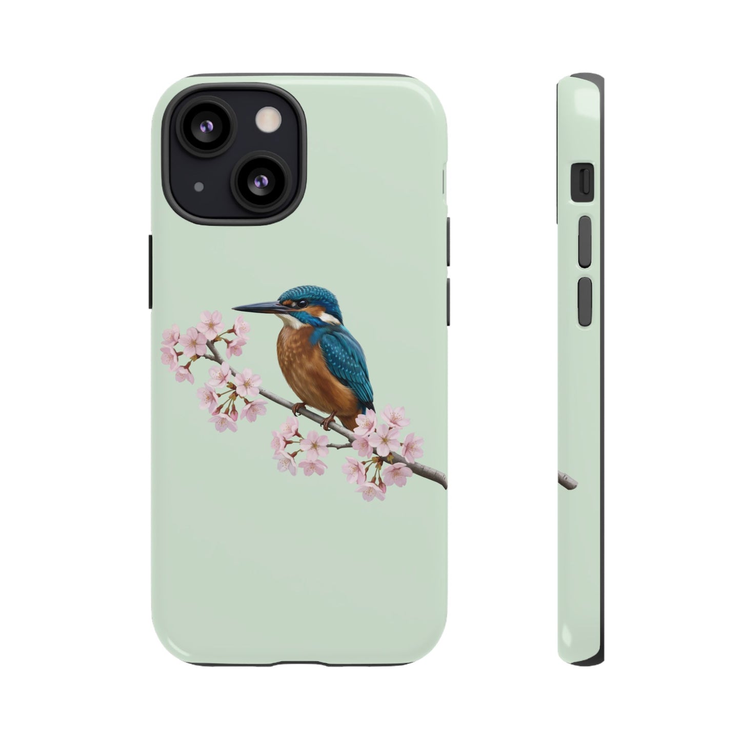 Eisvogel Handyhülle in Salbeigrün | Florales Kirschblüten Vogel-Motiv für iPhone & Google Pixel