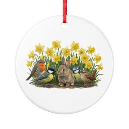 Rundes Keramikornament mit einem Kaninchen Rotkehlchen Kohlmeise Blaumeise Zaunkönig und Osterglocken