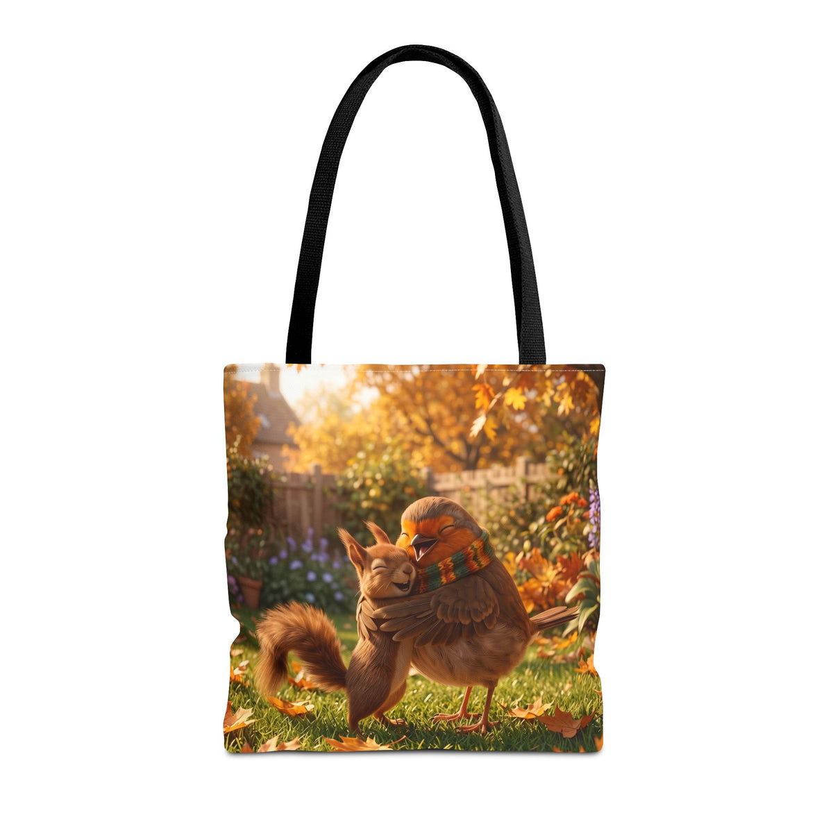 Robuste All-Over-Print Tragetasche mit liebevoller Herbst-Illustration: Ein Rotkehlchen und ein kleines Eichhörnchen umarmen sich glücklich. Idealer Shopper für Vogelfreunde und Vogelbeobachter.