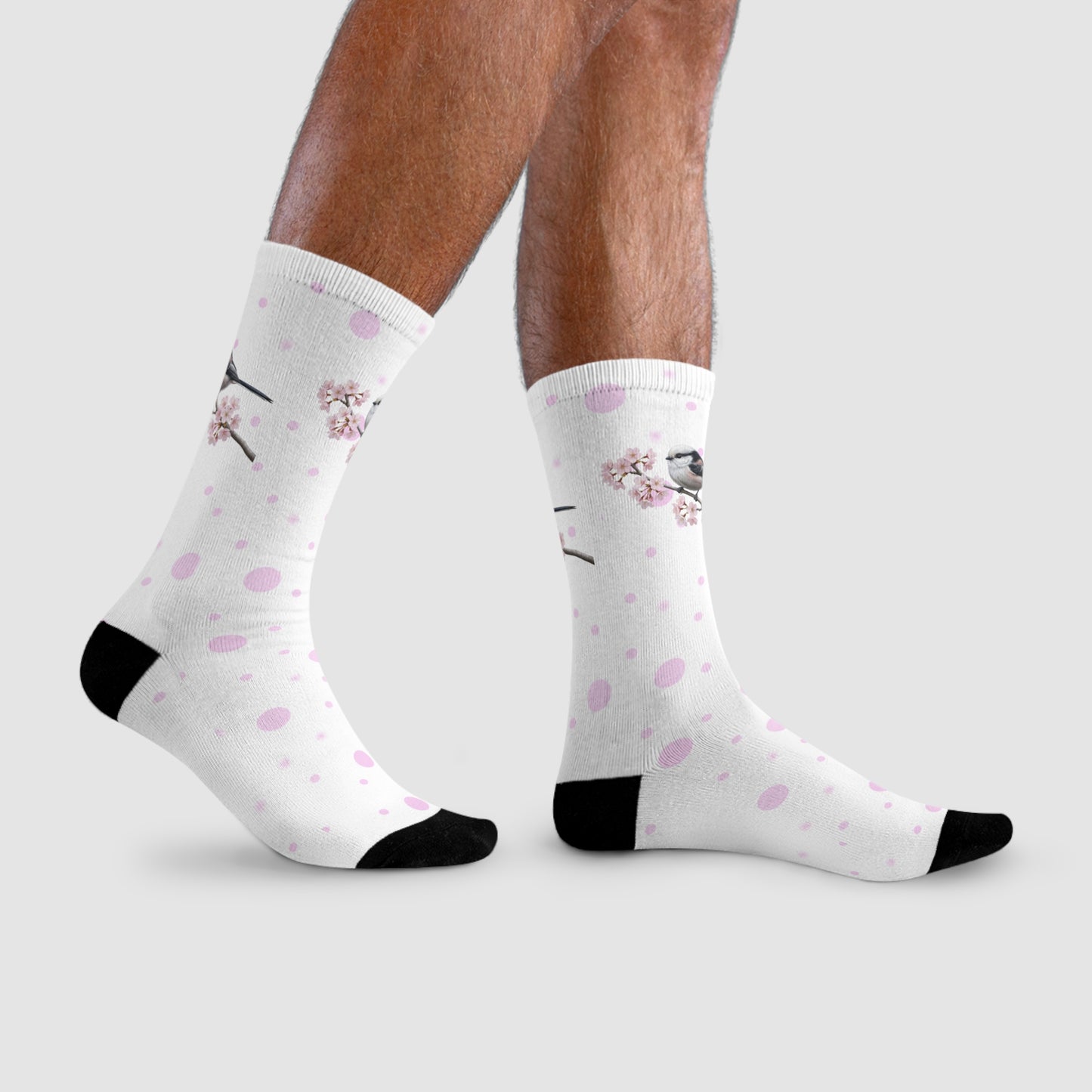 Schwanzmeise Socken mit Kirschblüten | Weiß Rosa gepunktete Vogelmotiv Strümpfe – Accessories,