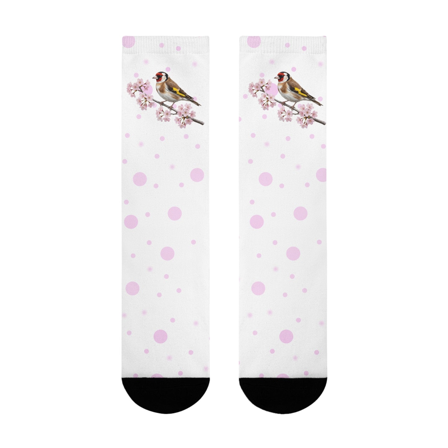 Stieglitz Socken mit Kirschblüten | Weiß Rosa gepunktete Vogelmotiv Strümpfe – Accessories,
