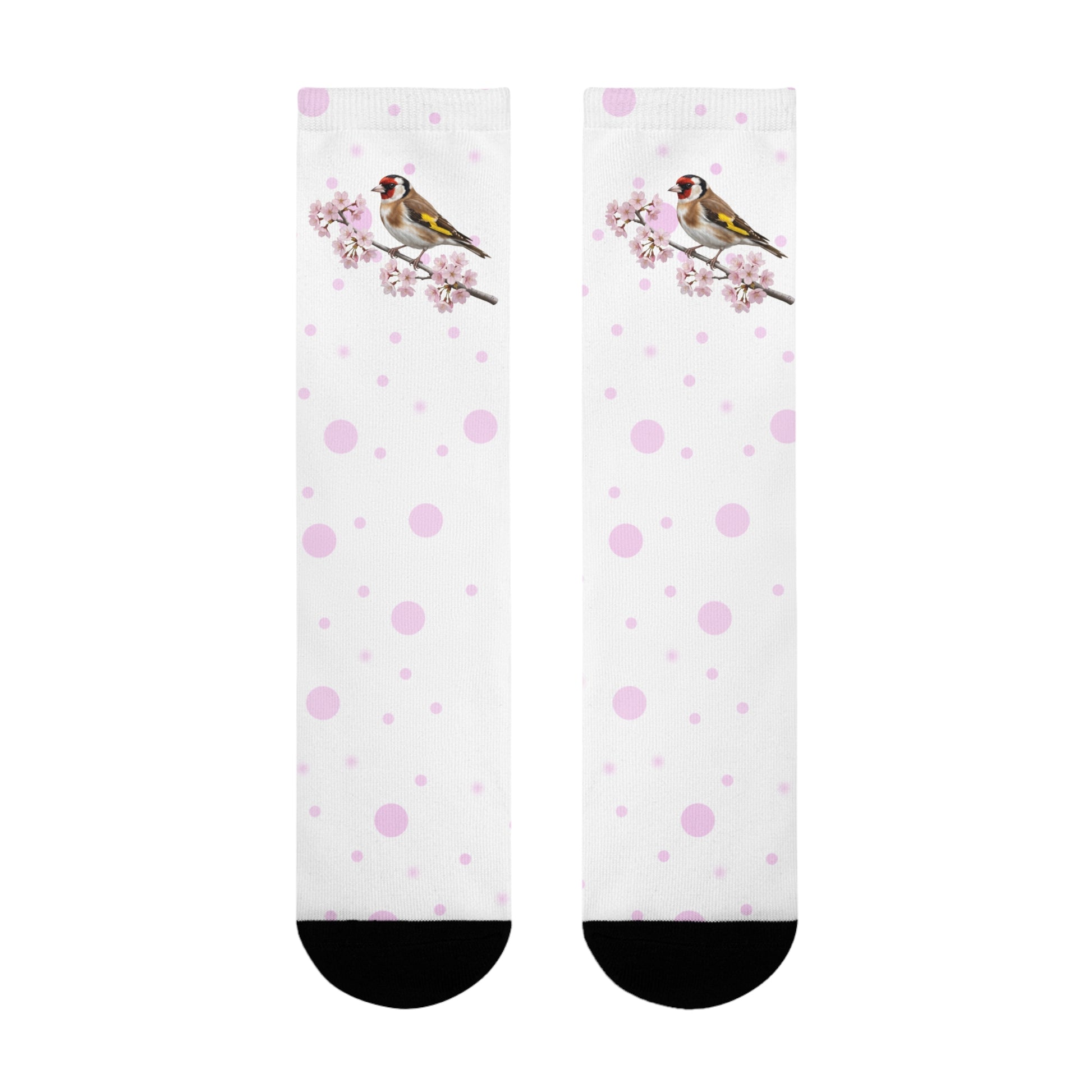 Stieglitz Socken mit Kirschblüten | Weiß Rosa gepunktete Vogelmotiv Strümpfe – Accessories,