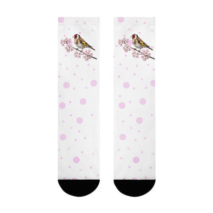 Stieglitz Socken mit Kirschblüten | Weiß Rosa gepunktete Vogelmotiv Strümpfe – Accessories,
