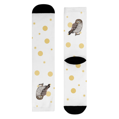 Eule Vogel Socken mit Goldenen Punkten für Vogelfreunde & Vogelbeobachter Weiß