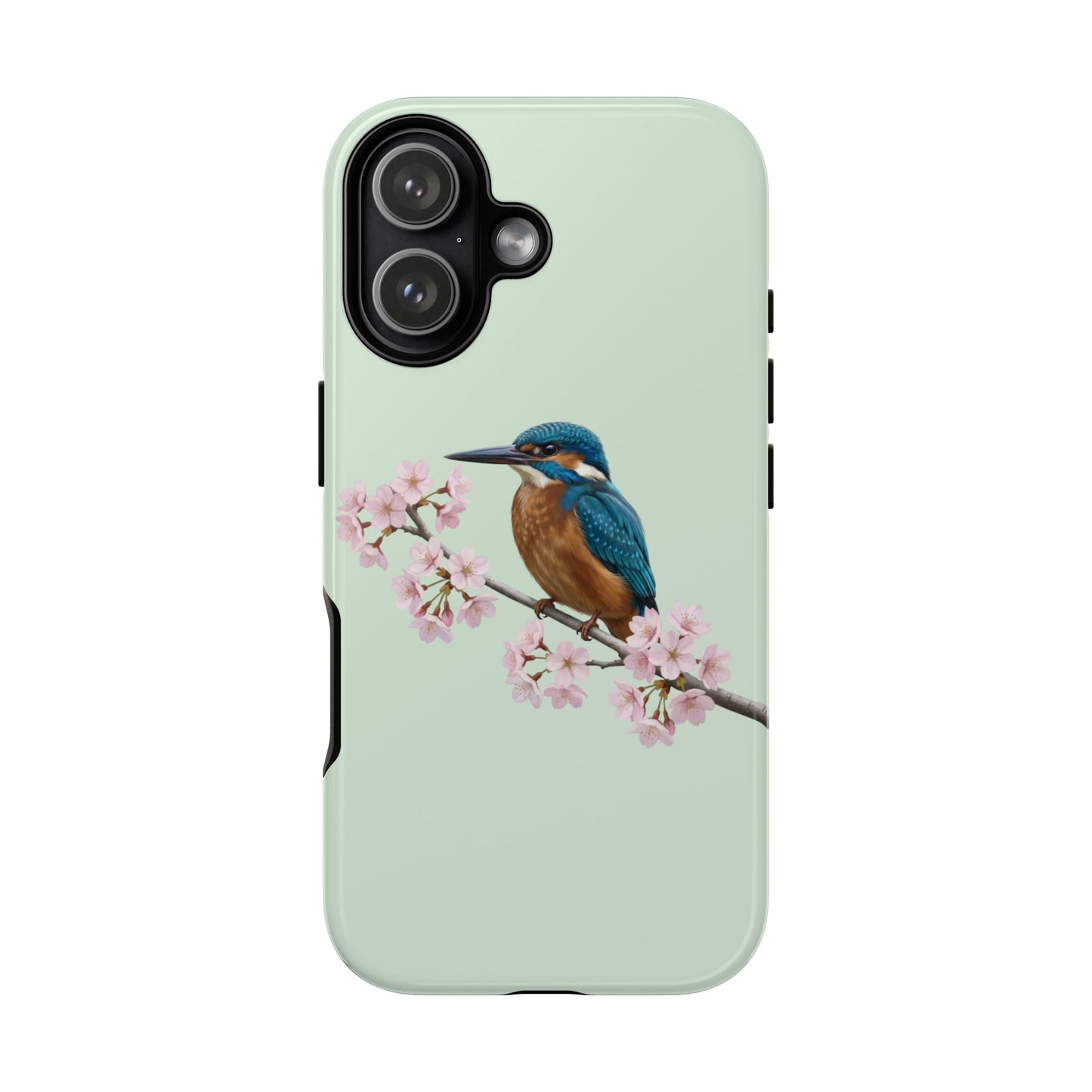 Eisvogel Handyhülle in Salbeigrün | Florales Kirschblüten Vogel-Motiv für iPhone & Google Pixel