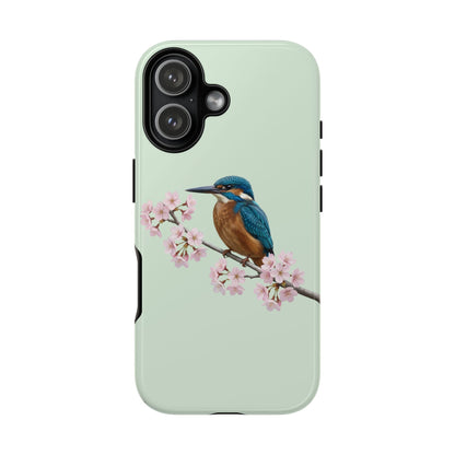 Eisvogel Handyhülle in Salbeigrün | Florales Kirschblüten Vogel-Motiv für iPhone & Google Pixel