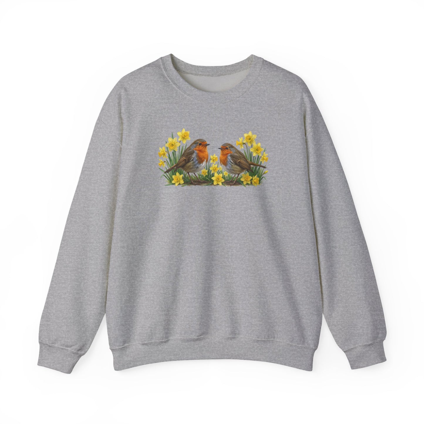 Rotkehlchen Oster-Sweatshirt Frühlingswiese – Singvögel in Osterglocken | Unisex Pullover