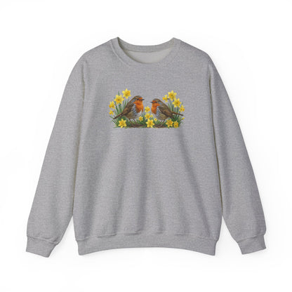 Rotkehlchen Oster-Sweatshirt Frühlingswiese – Singvögel in Osterglocken | Unisex Pullover