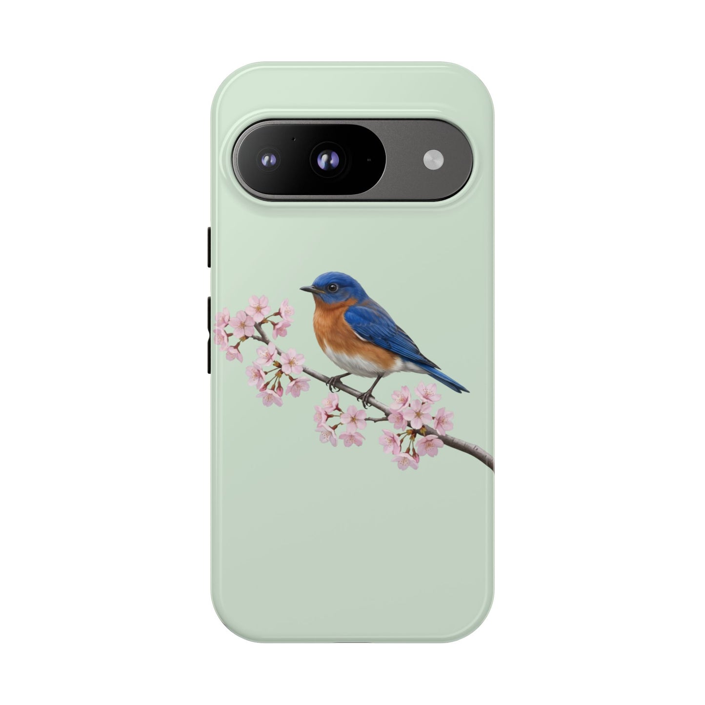 Rotkehl-Hüttensänger Handyhülle in Salbeigrün | Florales Kirschblüten Vogel-Motiv für iPhone & Google Pixel