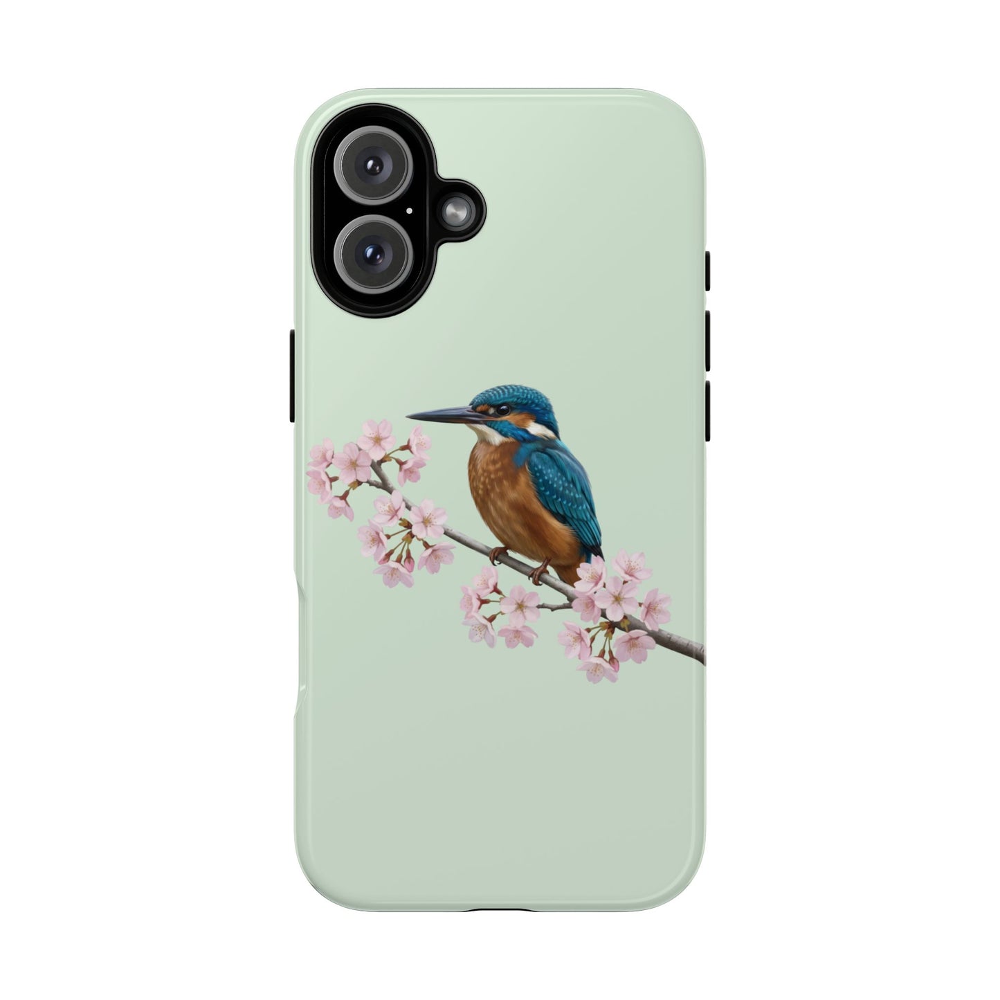 Eisvogel Handyhülle in Salbeigrün | Florales Kirschblüten Vogel-Motiv für iPhone & Google Pixel