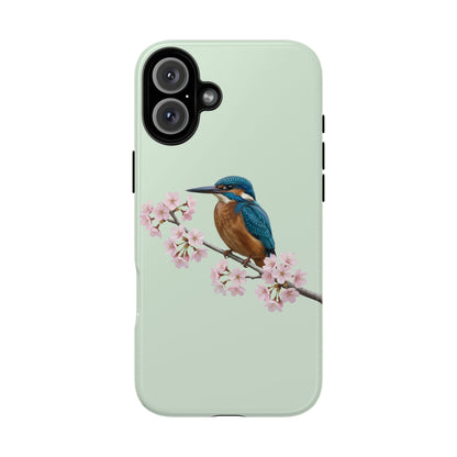 Eisvogel Handyhülle in Salbeigrün | Florales Kirschblüten Vogel-Motiv für iPhone & Google Pixel