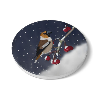 Kernbeißer im Schnee Keramik-Untersetzer: Weihnachtliches Vogel-Motiv