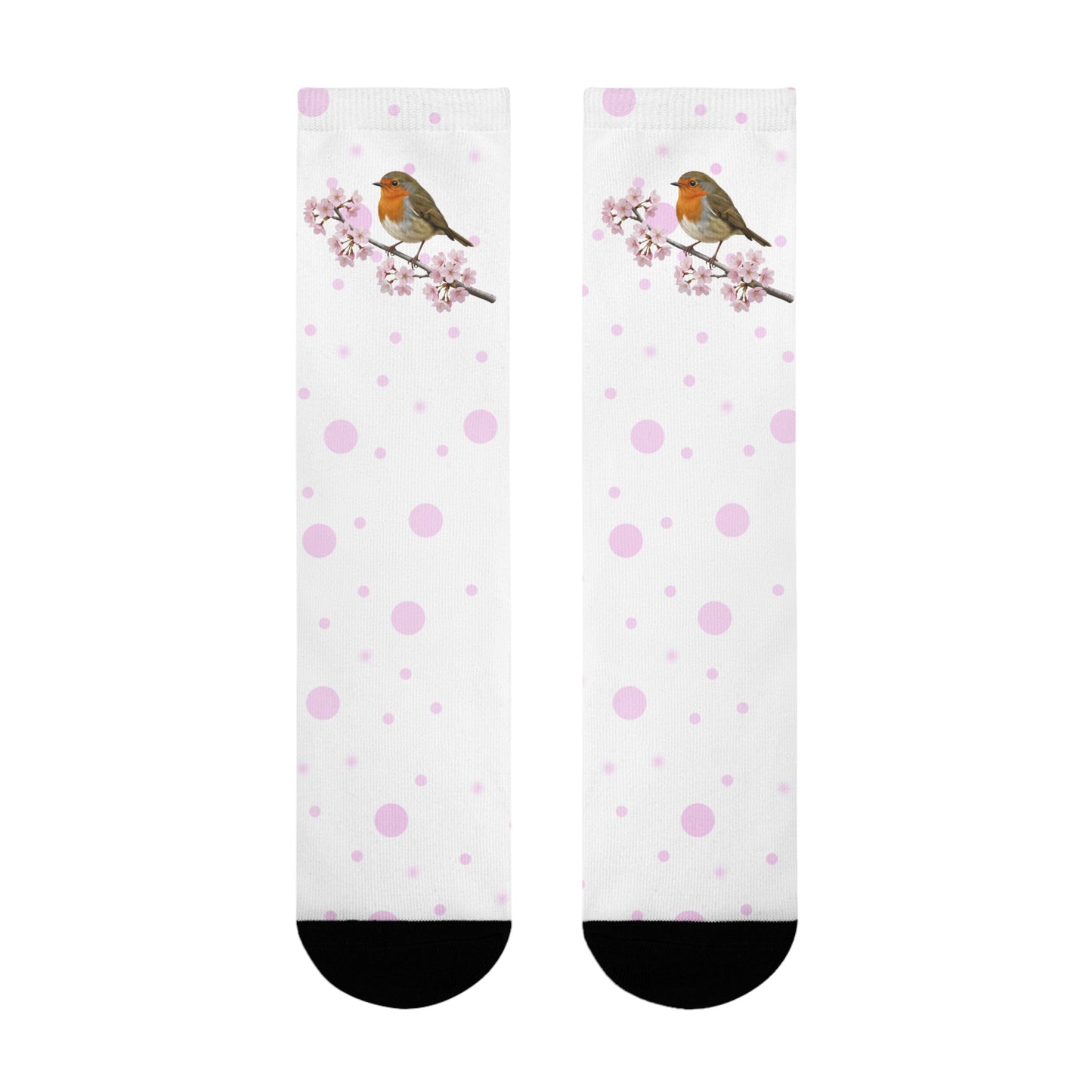 Rotkehlchen Socken mit Kirschblüten | Weiß Rosa gepunktete Vogelmotiv Strümpfe – Accessories,