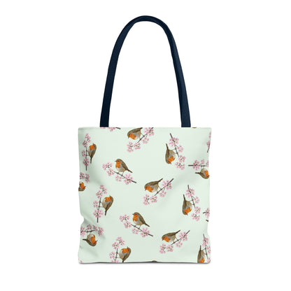 Rotkehlchen & Kirschblüten Tragetasche in Salbeigrün | Stofftasche & Geschenk für Vogelbeobachter