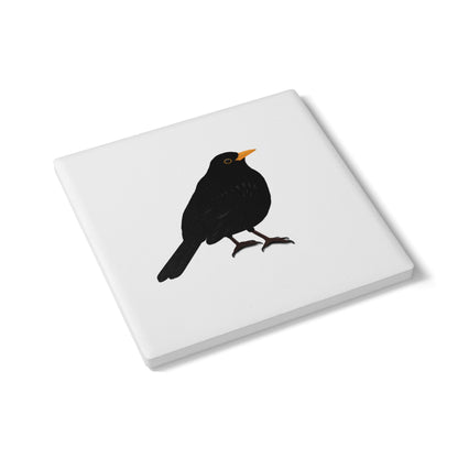 Amsel Keramik-Untersetzer Vogelmotiv Weiß