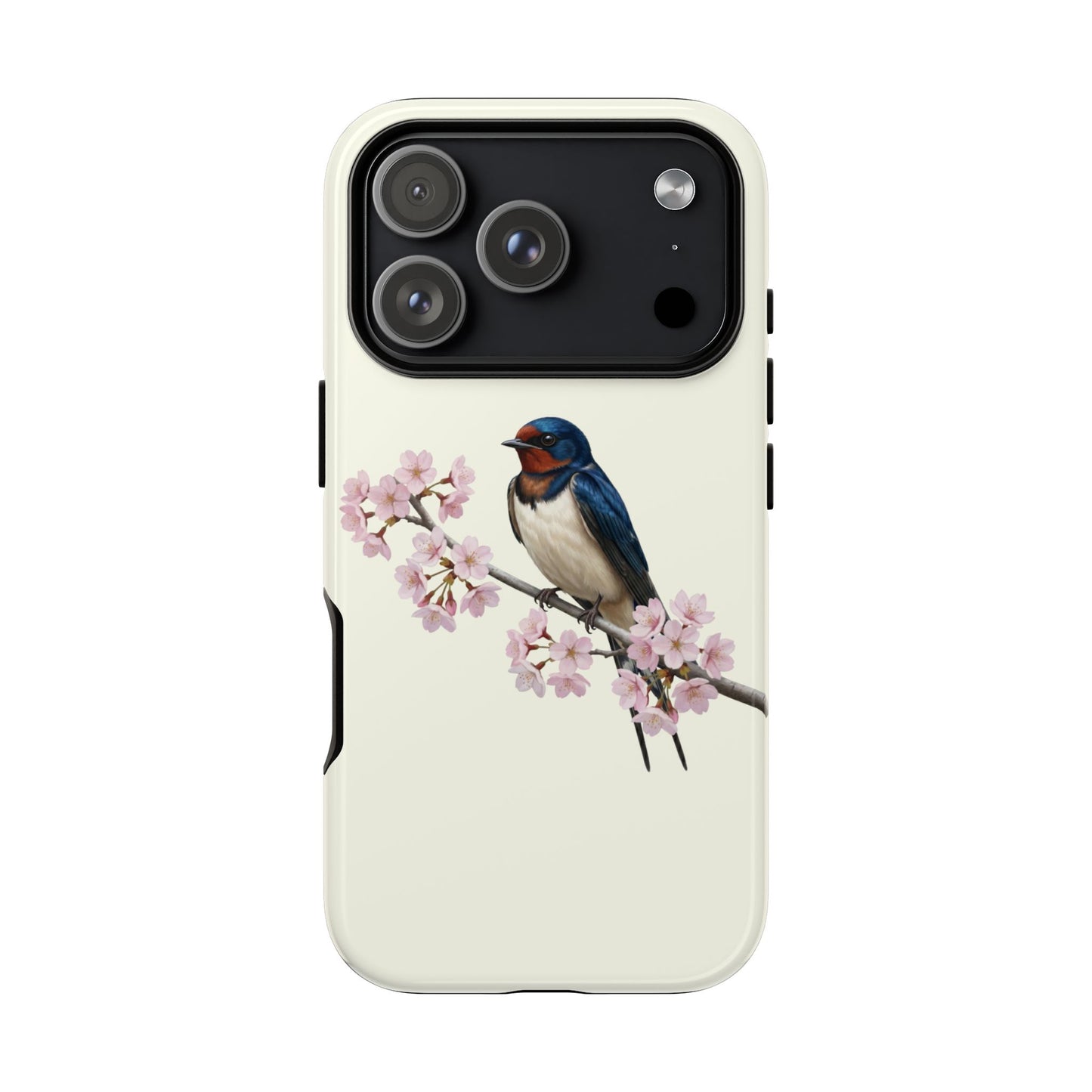 Rauchschwalbe Handyhülle in Cremeweiß | Florales Kirschblüten Vogel-Motiv für iPhone & Google Pixel