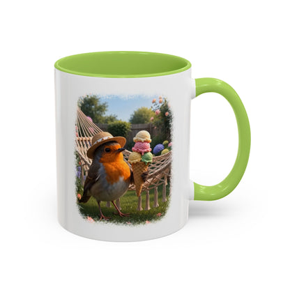 Keramiktasse Rosi Rotkehlchen und das Riesen-Eis im Garten – Kaffeebecher mit farbigem Henkel (330 ml)