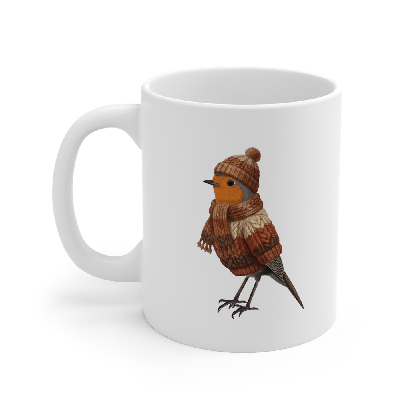 Rotkehlchen mit Strickpullover Weihnachtliche Tasse mit Vogelmotiv – Ideal für Kakao & Kaffee
