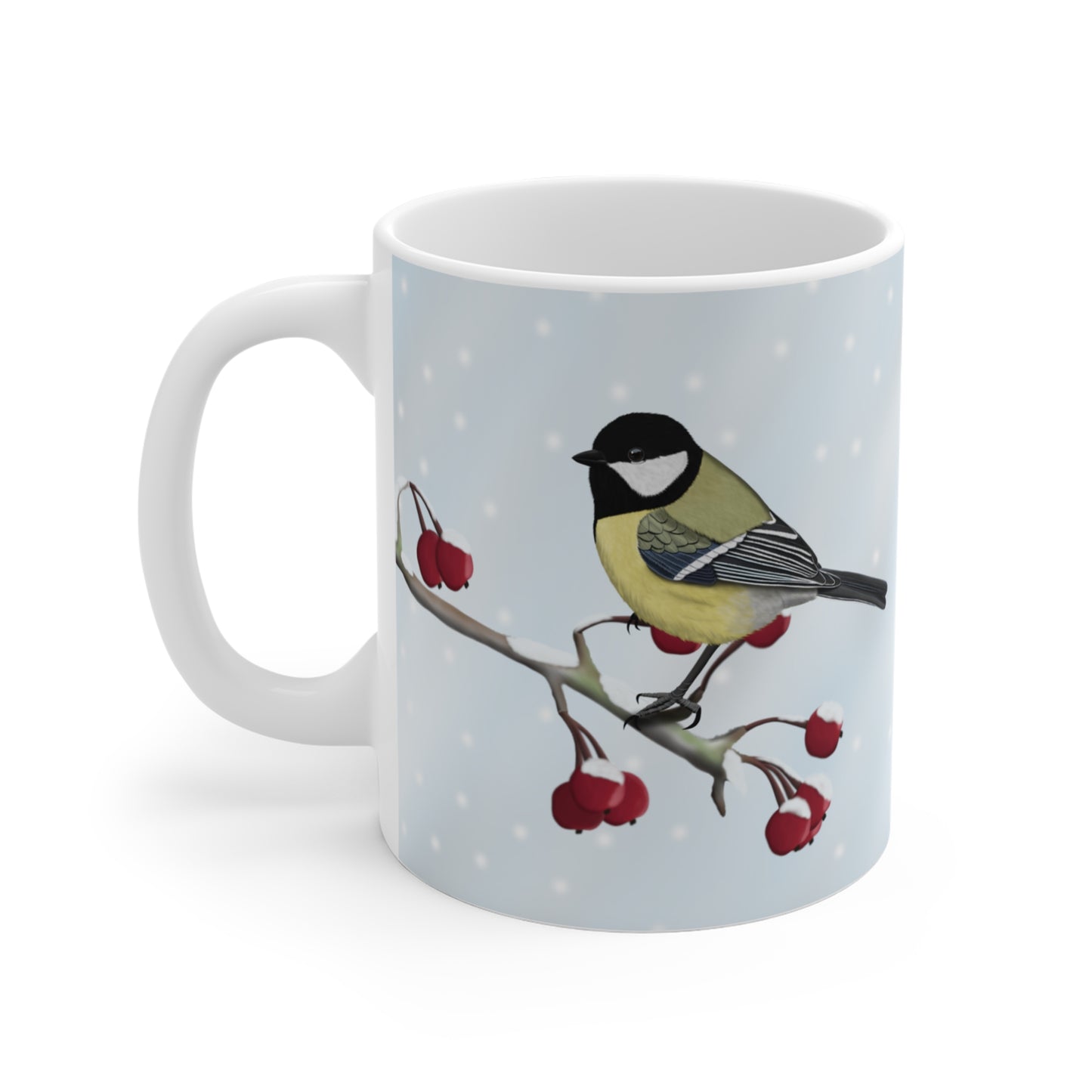 Kohlmeise auf einem Ast im Winter Weihnachten Schnee Vogel Tasse