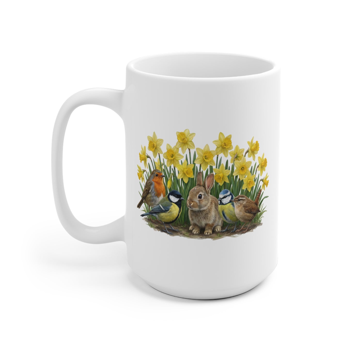 Kaninchen Rotkehlchen Meisen Zaunkönig mit Osterglocken Tasse - Oster-Geschenk für Vogelfreunde