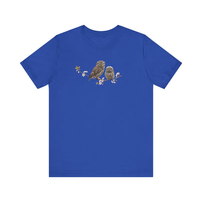 Eule Steinkauz & Jungvogel T-Shirt | Frühlingsblüten Vogelmotiv für Vogelbeobachter