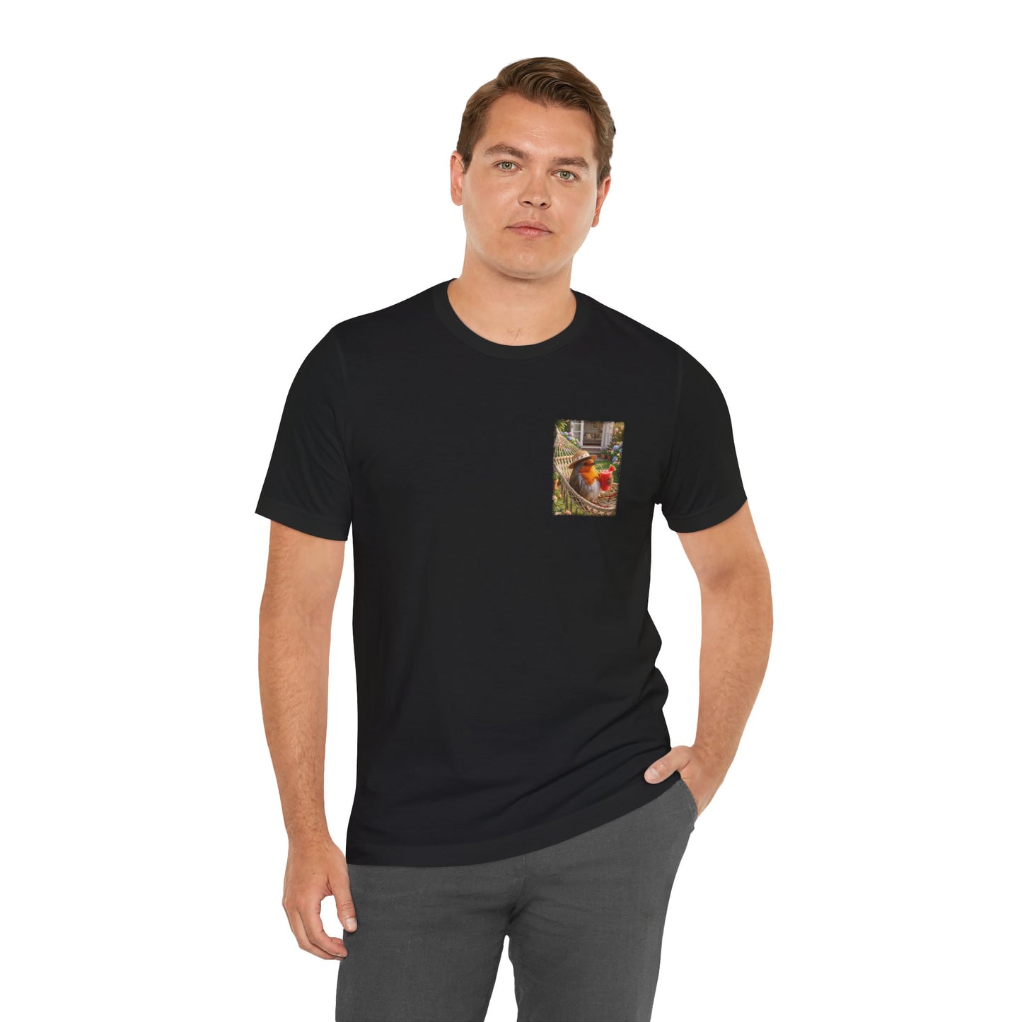 Rosi Rotkehlchen T-Shirt in der Hängematte für Vogelbeobachter und Gartenfreunde