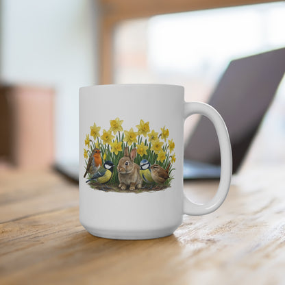 Kaninchen Rotkehlchen Meisen Zaunkönig mit Osterglocken Tasse - Oster-Geschenk für Vogelfreunde