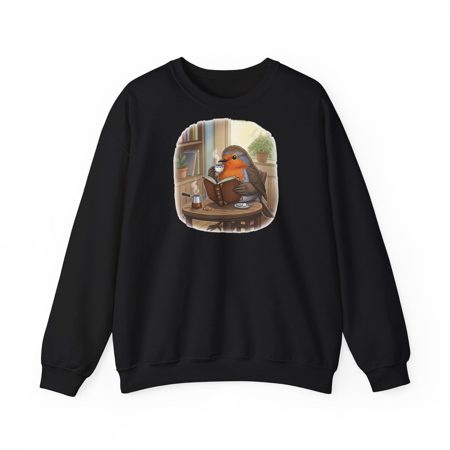 Rotkehlchen liest Bücher und trinkt Kaffee Vogel Sweatshirt für Vogelbeobachter