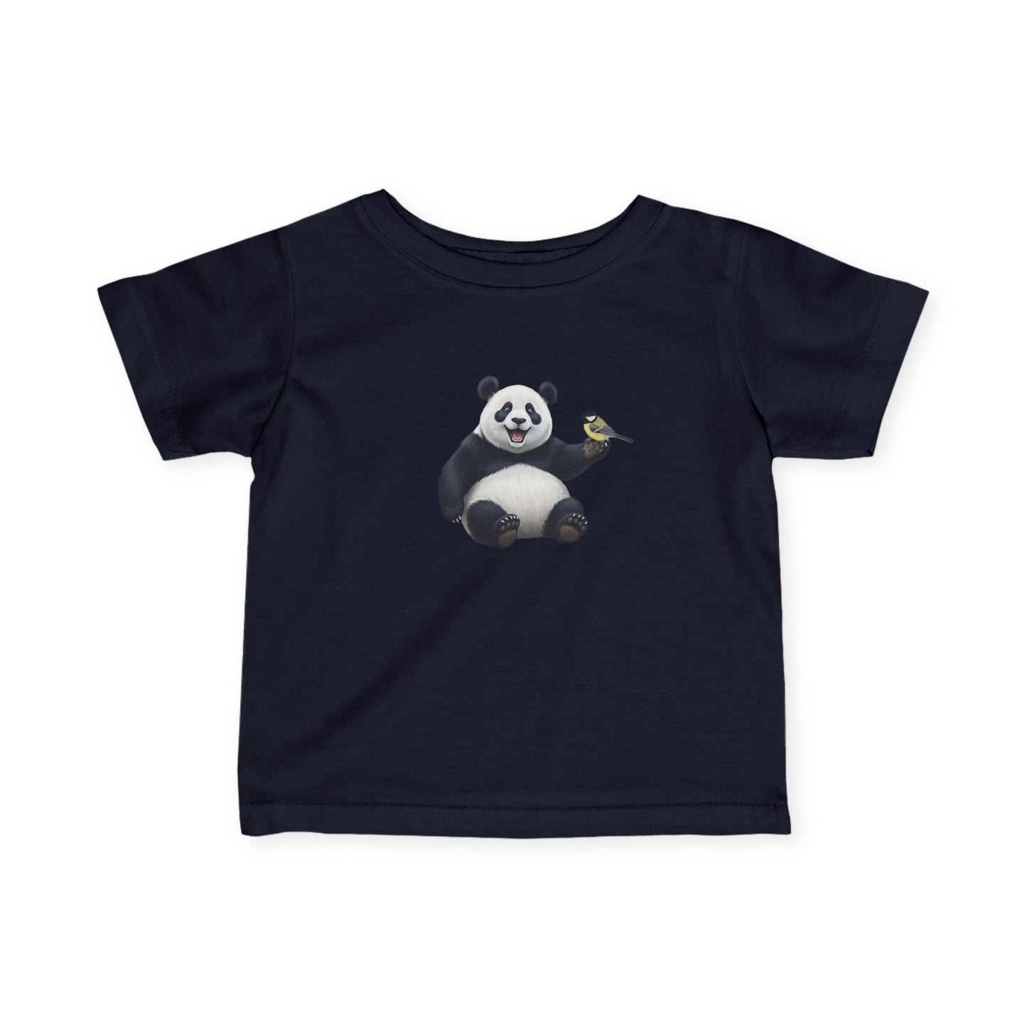 Fröhlicher Panda mit Kohlmeise Vogel Tiermotiv T-Shirt für Babys und Kleinkinder
