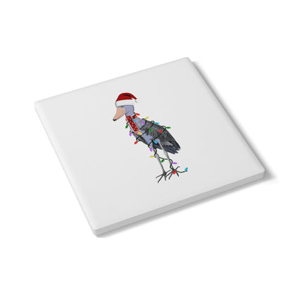 Keramik-Untersetzer Schuhschnabel als Weihnachtsmann mit Lichterkette Weihnachtliches Vogel-Motiv